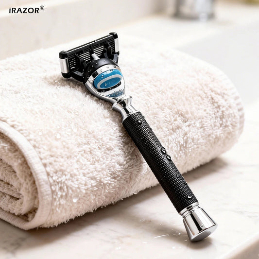 iRAZOR Premium 5-Blade Fusion Safety Razor Manual Shaver for Men Barber Beard Grooming Tool Black Textured Handle Birthday Gift MyVies Store