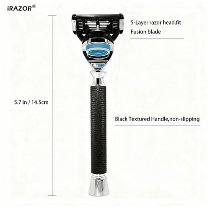 iRAZOR Premium 5-Blade Fusion Safety Razor Manual Shaver for Men Barber Beard Grooming Tool Black Textured Handle Birthday Gift MyVies Store